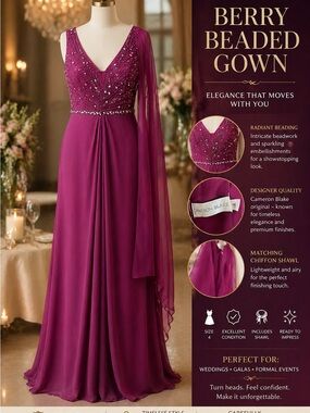 Cameron Blake Berry Beaded Evening Gown Size 4 Formal w/Chiffon Shawl